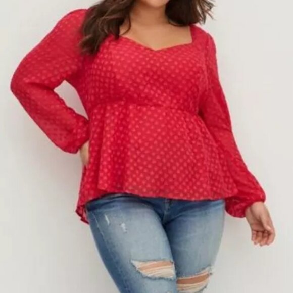 TORRID Peplum Long Sleeve Heart Chiffon Blouse Sz 0, L, 12 Magenta Sheer NWT - Picture 11 of 11